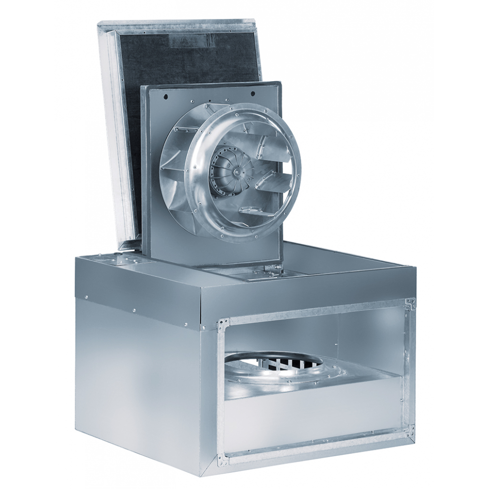 ventilátory IRAB/IRAT s izoláciou proti hluku umožňujú naklonenie ventilátorovej jednotky na účely servisu a údržby