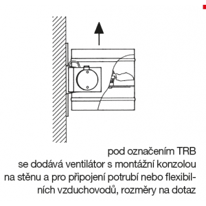 unter der Bezeichnung TRB wird der Ventilator mit einer Wandhalterung und für Anschlusskanäle oder flexible Luftkanäle geliefert, Abmessungen auf Anfrage