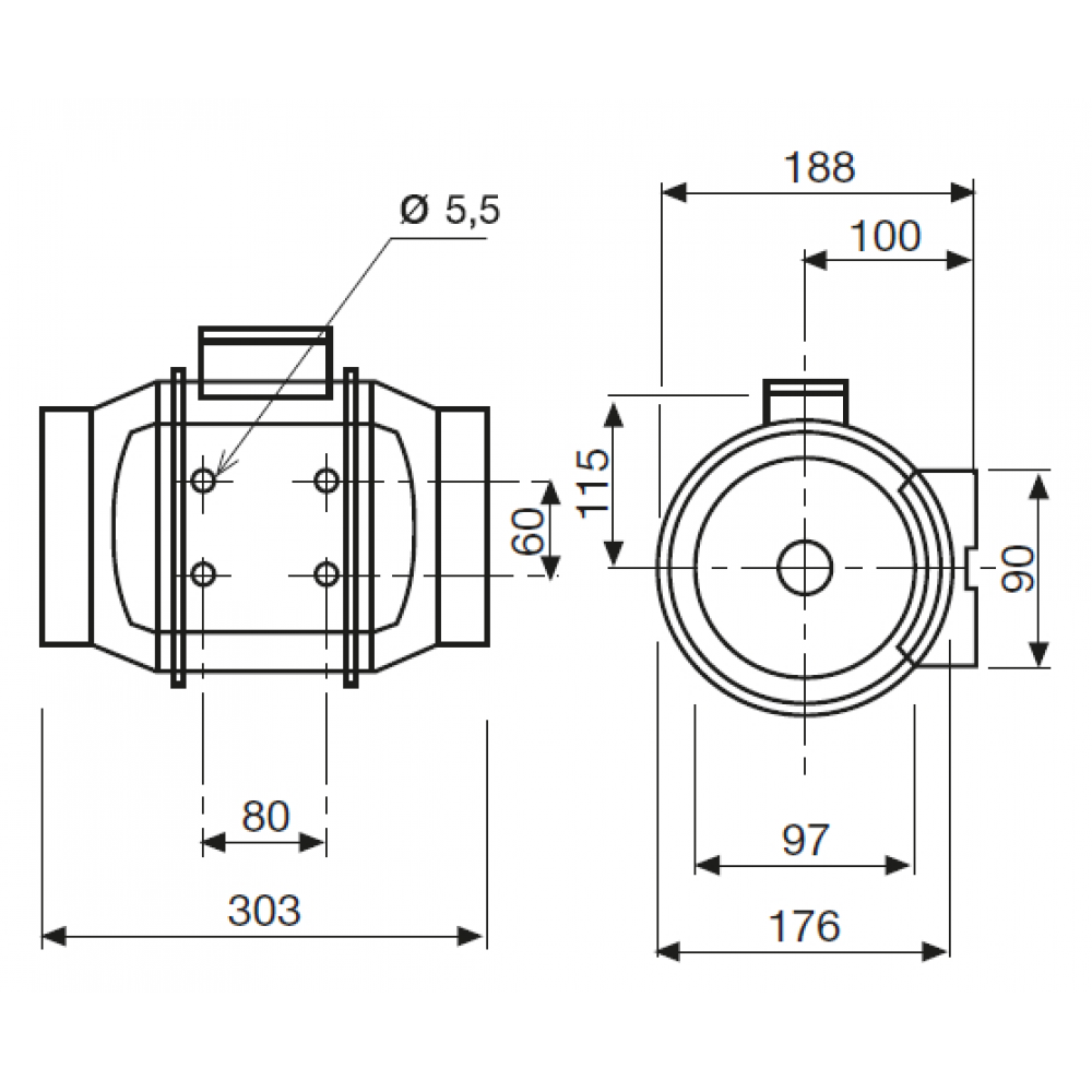 Abmessungen des TD MIXVENT Ventilators