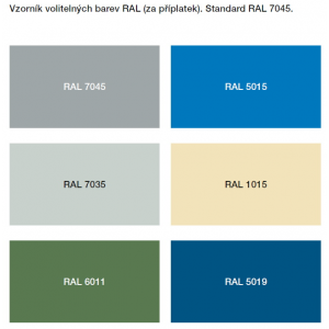 Voliteľné farby RAL (za príplatok), štandardne RAL 7045.